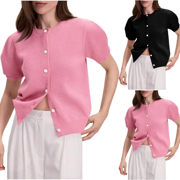 Aboser Womens Crewneck Cardigan Sweaters Trendy Puff Short Sleeve Cardigans Casual Button Down Sweater Coats Loose Fit Cotton Knit Outwear Tops