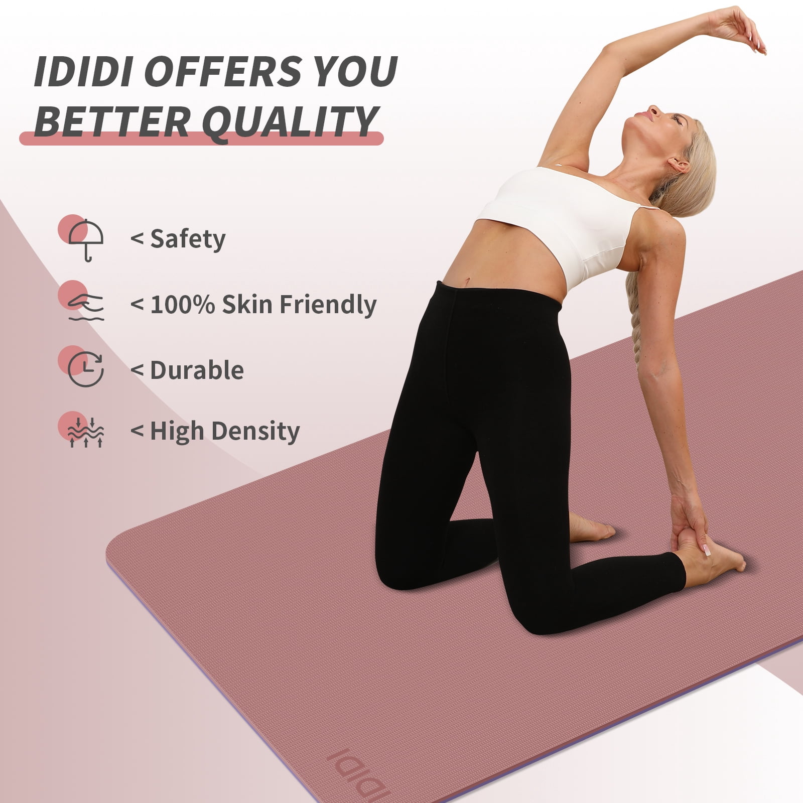 IDIDI Portable Yoga Mat – Travel-Friendly with Strap, 1/3 Inch Thick & Non-Slip – for Home Gym, Workout & Hot Yoga – Exercise Mat for Men, Women & Kids(Deep Pink+Gray)