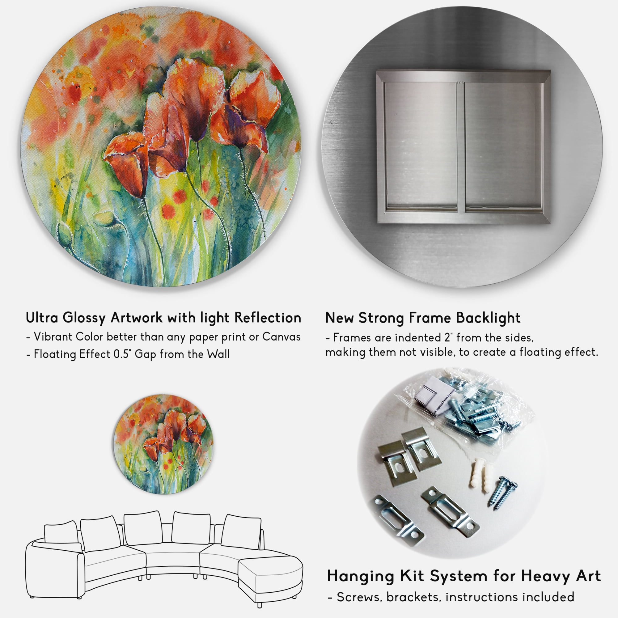Designart 'Red Blossoming Poppies Over Wild Green IV' Traditional Circle Metal Wall Art 23x23 - Disc of 23