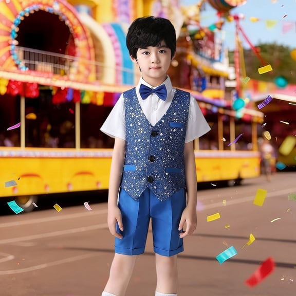 Boys 4-Piece Shiny Sequin Formal Outfit – Vest, Shirt, Pants & Bowtie (3-16Y Holiday/Performance Attire)