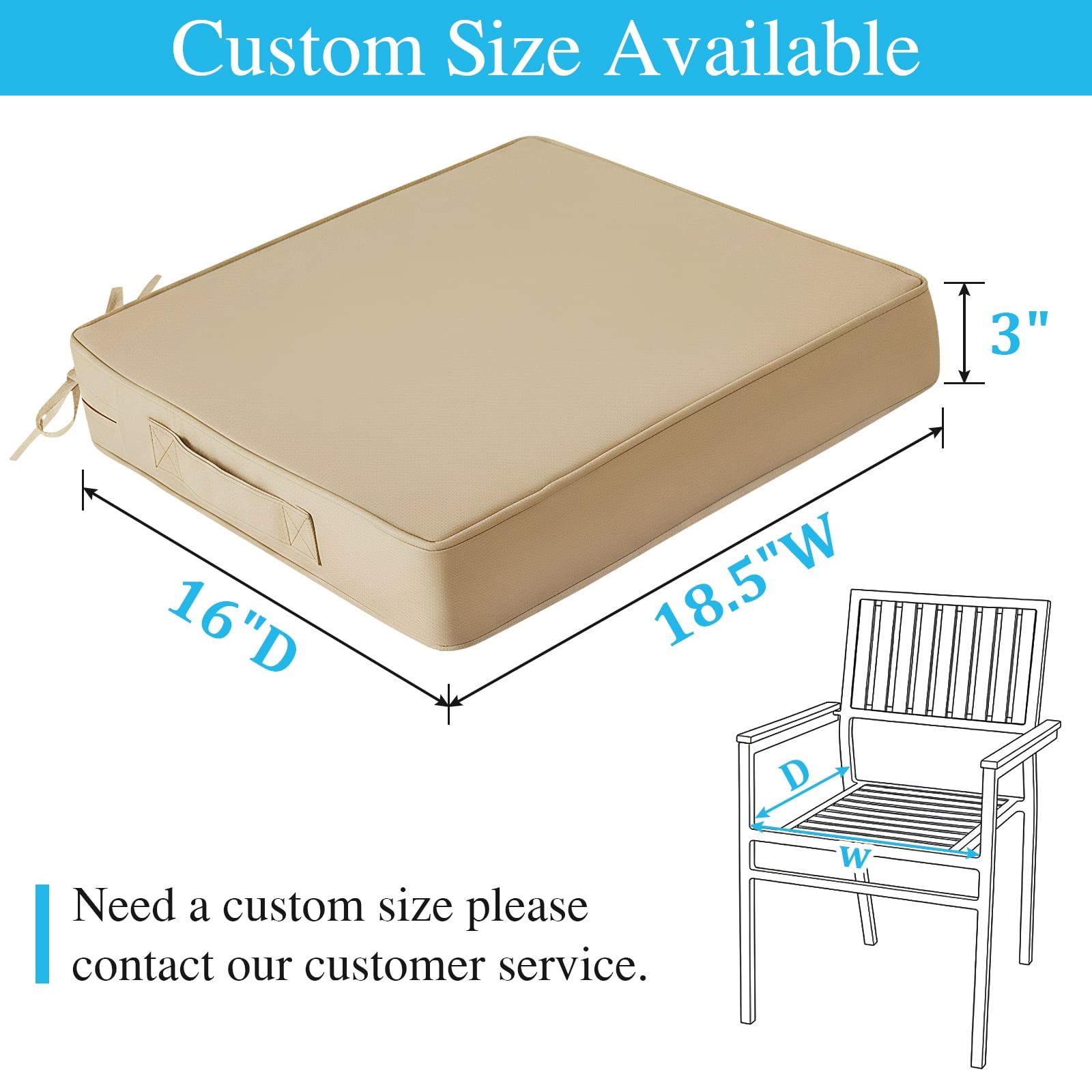 NAWAY 2pcs Outdoor Seat Cushions, 18.5" x 16" x 3" Water-resistant Outdoor Seat Pads with handle and Ties, Extra Thick Patio Chair Cushions for Patio Furniture - Beige
