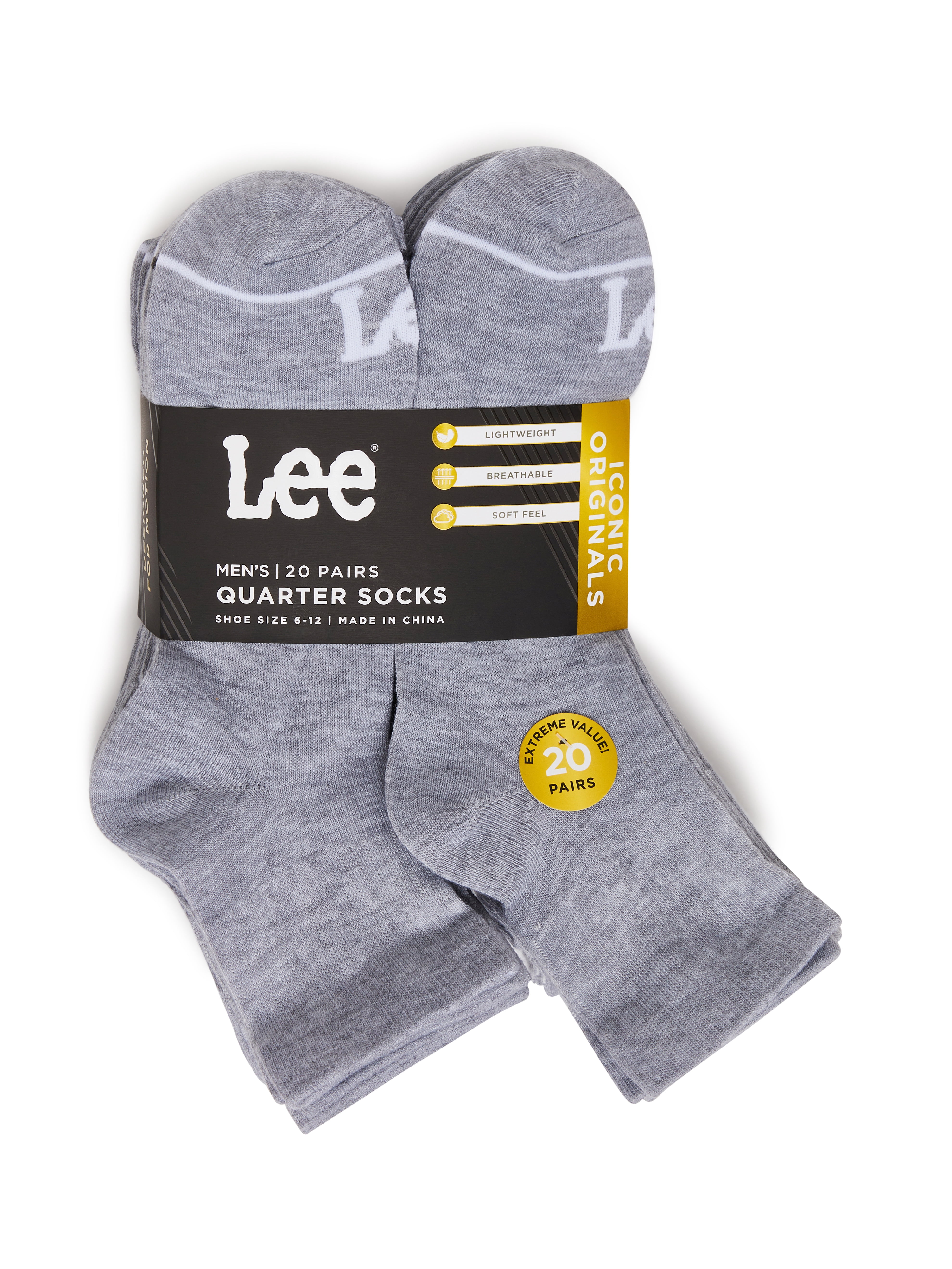 Lee Iconic Originals Quarter Low Cut Socks, 10-13, Heather Grey, 20-Pack