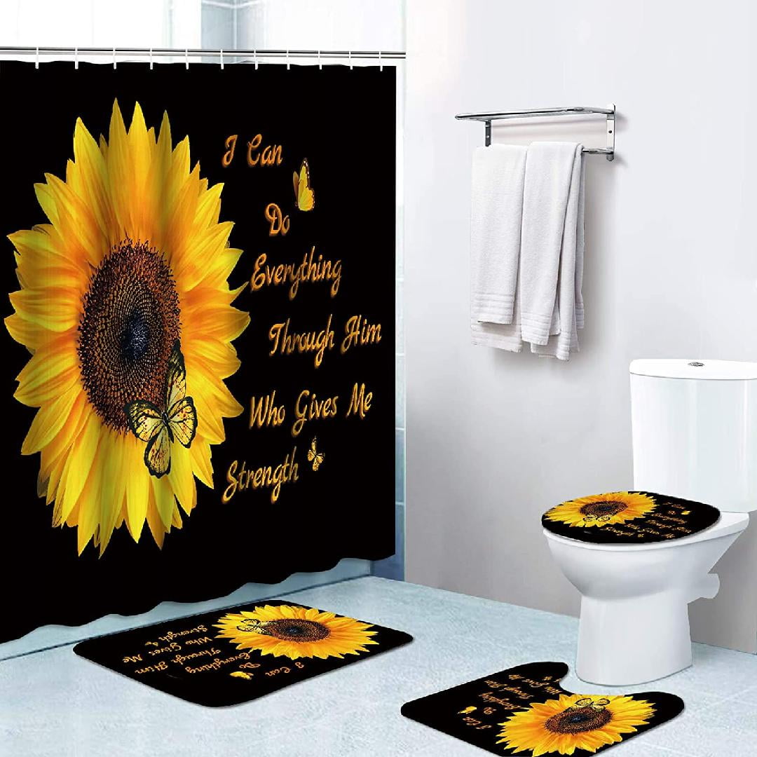 4 Pcs Sunflower Shower Curtain Set with NonSlip Rugs Toilet Lid Cover