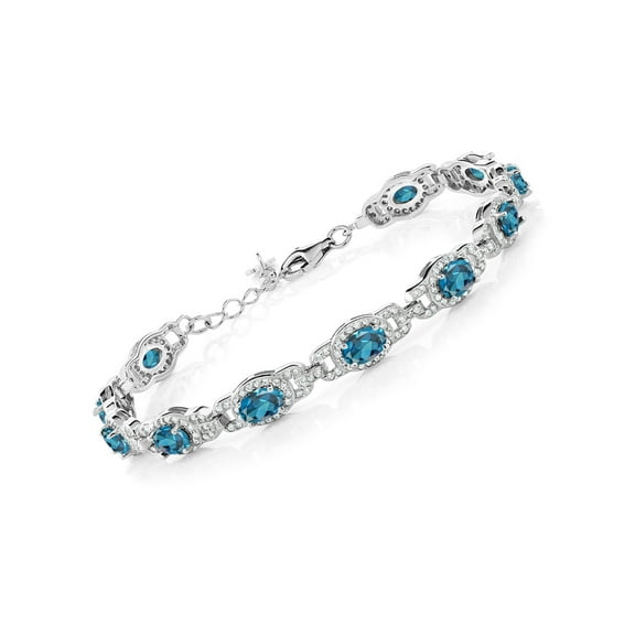 Gem Stone King 925 Sterling Silver London Blue Topaz Tennis Bracelet for Women (10.20 Cttw, Gemstone Birthstone, Oval 6X4MM, 7 inch With 1 inch Extender)