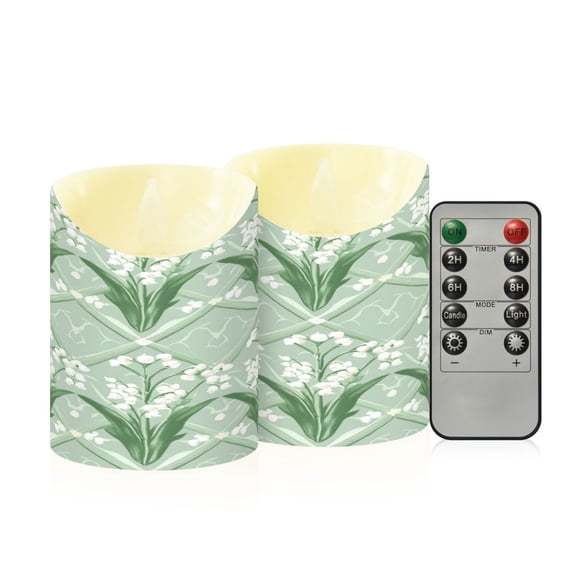 2 PCS Tilted Flameless Candles Flickering LED Lights Battery Operated Candles with Remote Timers for Holiday Decor Light Green and White Lily