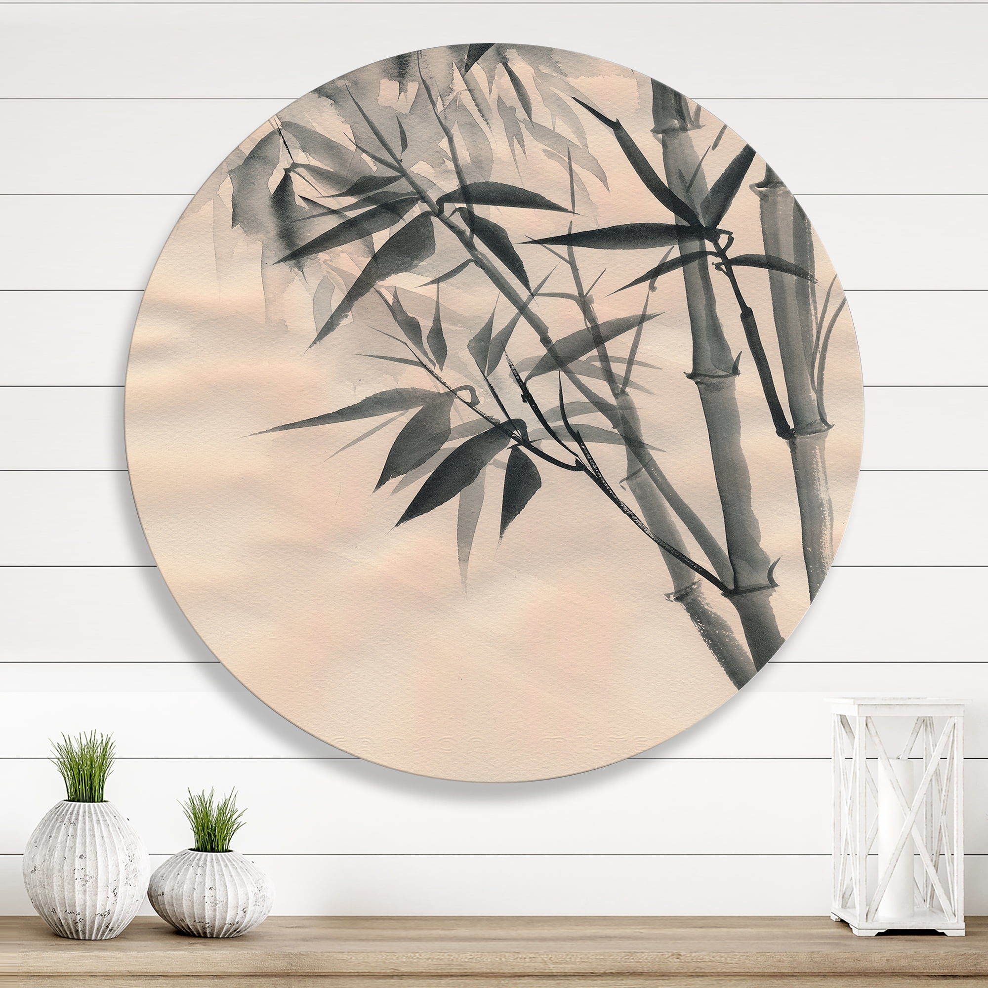Designart 'Vintage Black and White Bamboo I' Traditional Circle Metal Wall Art 11x11 - Disc of 11