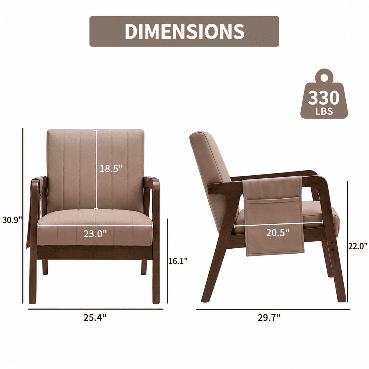 MOONMISS PU Leather Accent Chair,Mid-Century Modern Wood Frame Arm Chair with Side Pocket Cushioned Sofa,Dusty Pink