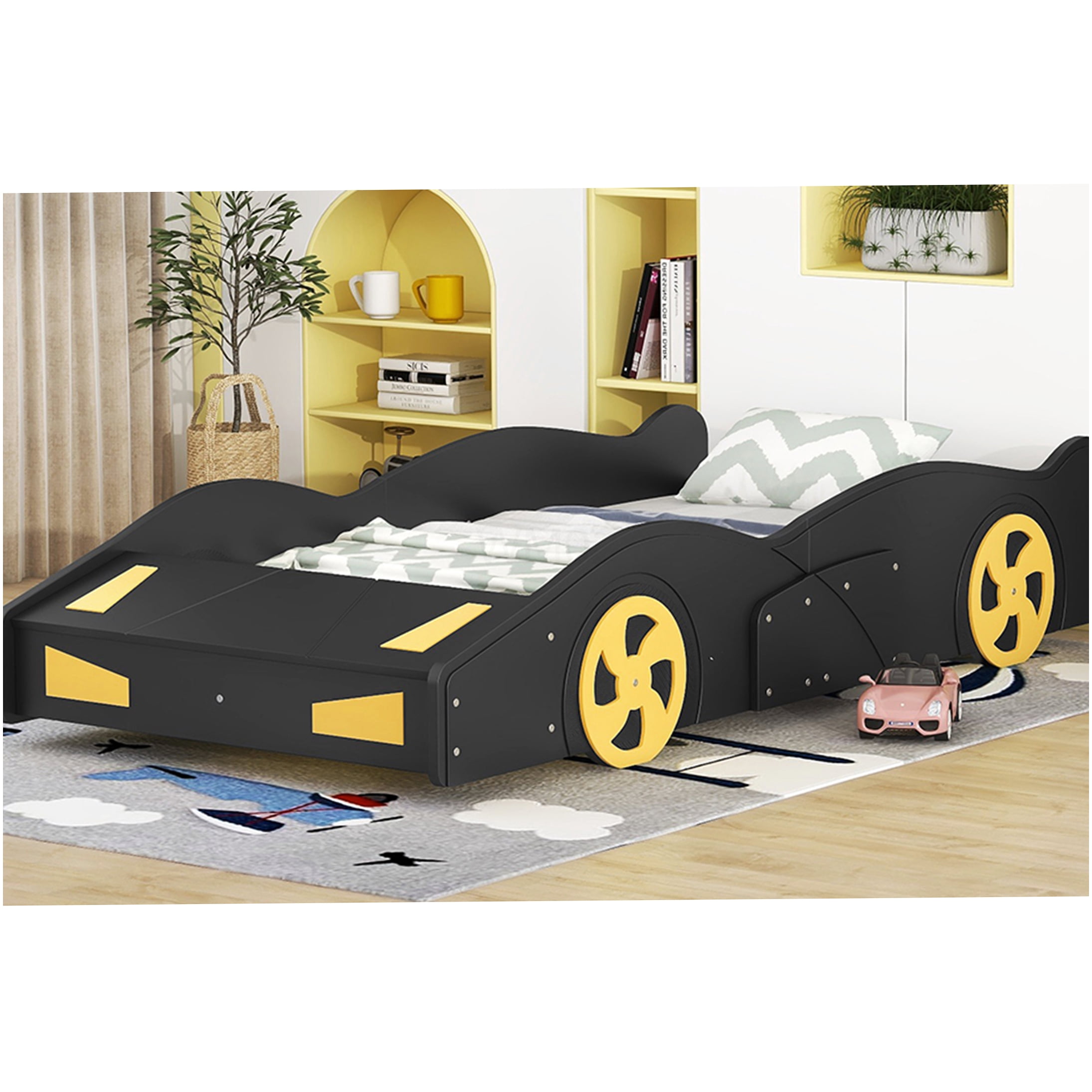 Twin Size Race Car Bed Frame with Storage & Wheels, Black & Yellow Modern Platform Bed
