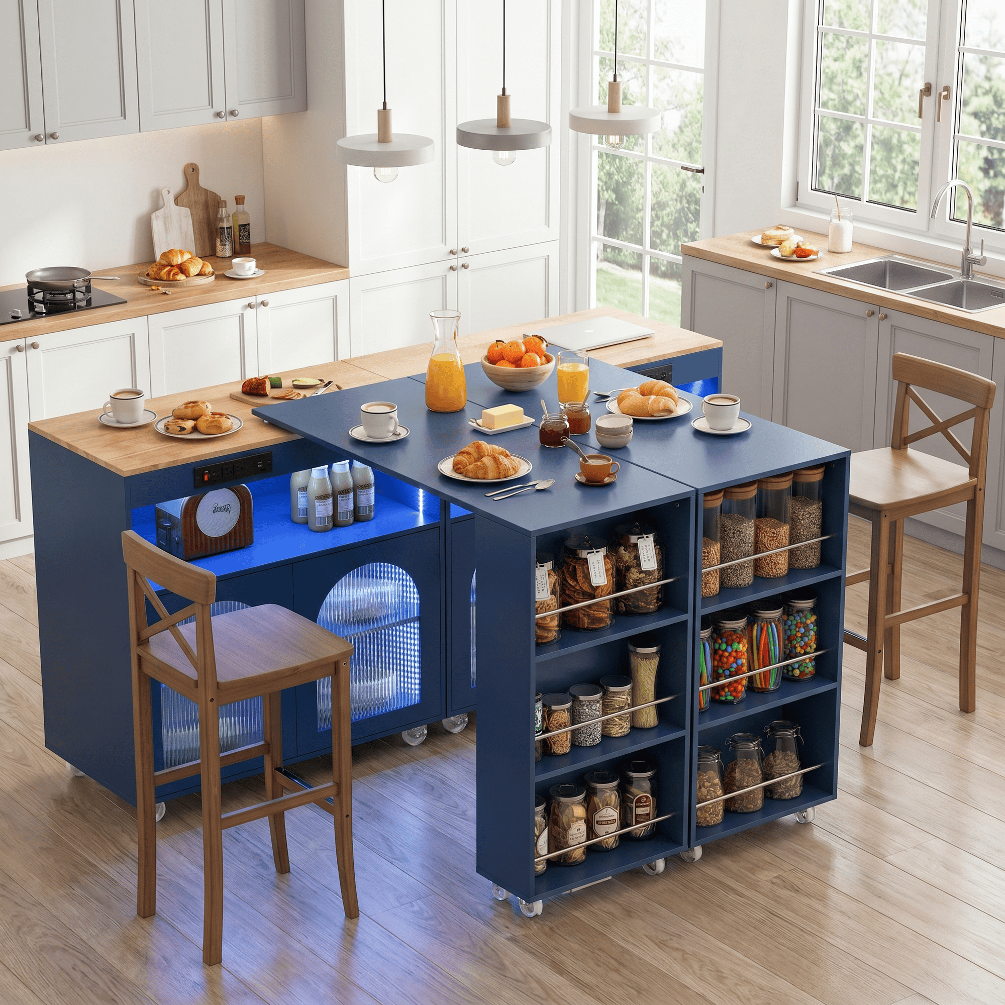 Homy Casa 56.3" Rolling Kitchen Island with Extendable Table, Storage, Outlets and LED Navy Blue