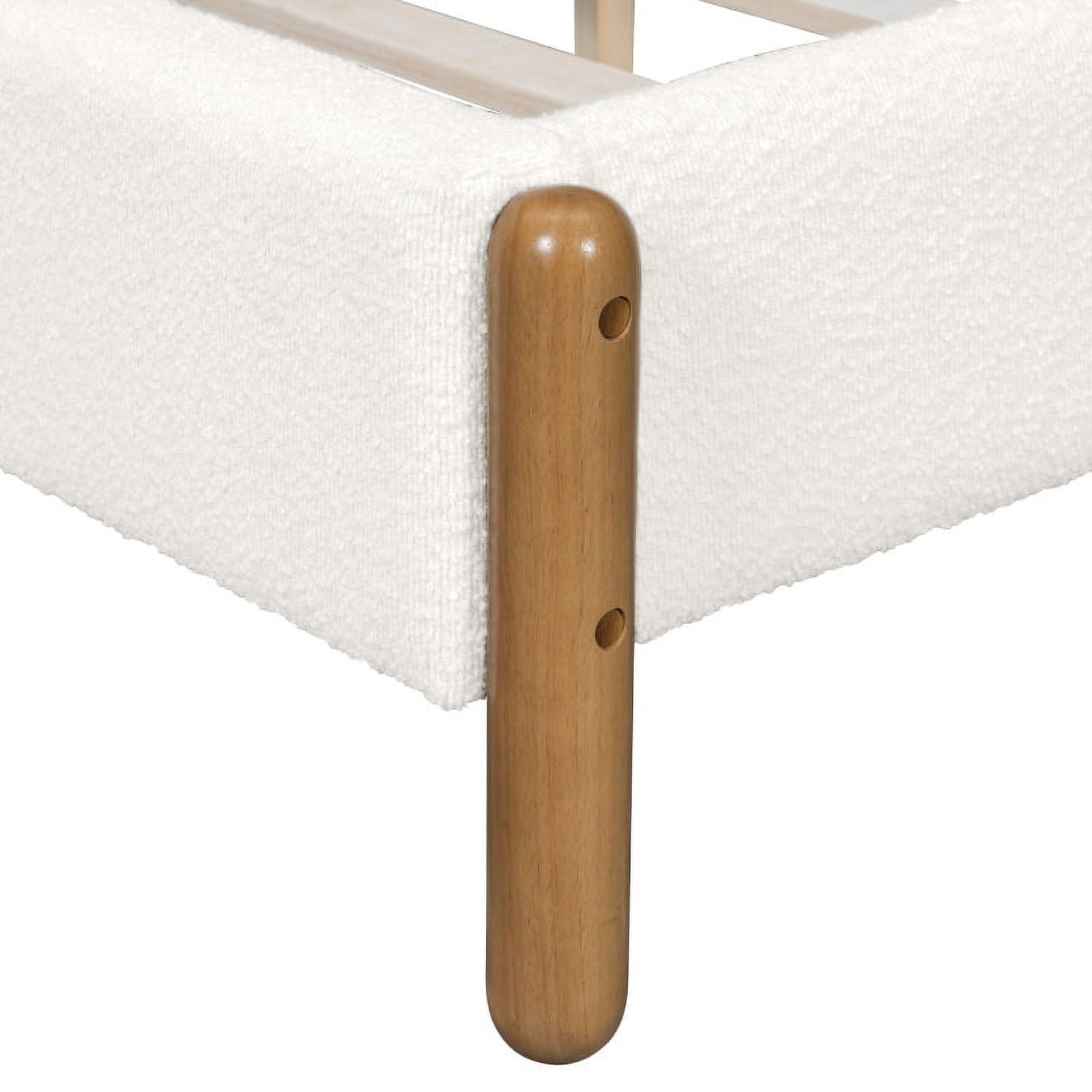 King Size Bed Frame with Boucle Upholstered Thick Headboard, Solid Wooden Legs, White