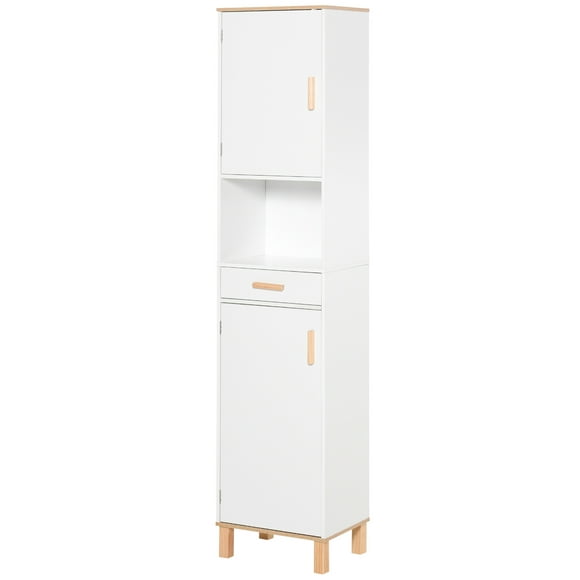 kleankin Tall Bathroom Storage Cabinet, Slim Bathroom Cabinet with Doors and Drawer, Free Standing Linen Tower with Shelves, White