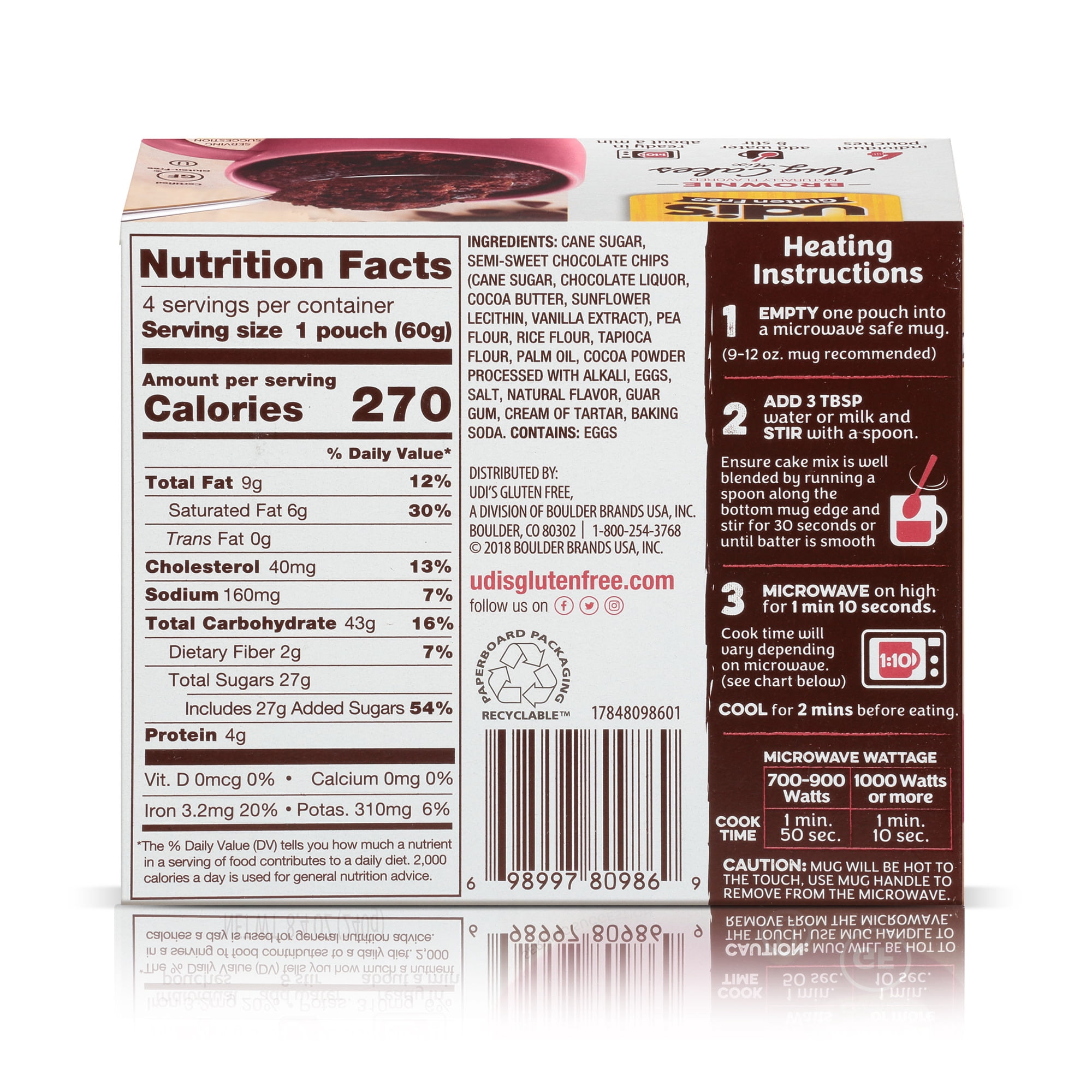 Udi's Gluten Free Brownie Mug Cake Mix, 8.4 oz, 4 Count