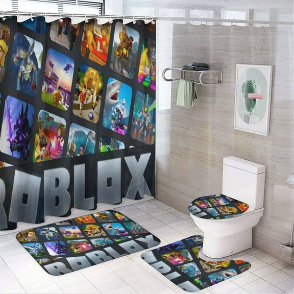 Roblox Power 4 Pcs Shower Curtain Sets Non-Slip Rugs Bath Mat Toilet Cover U Shaped Mat for Bathroom Decor Bathroom Set 72" X 72"