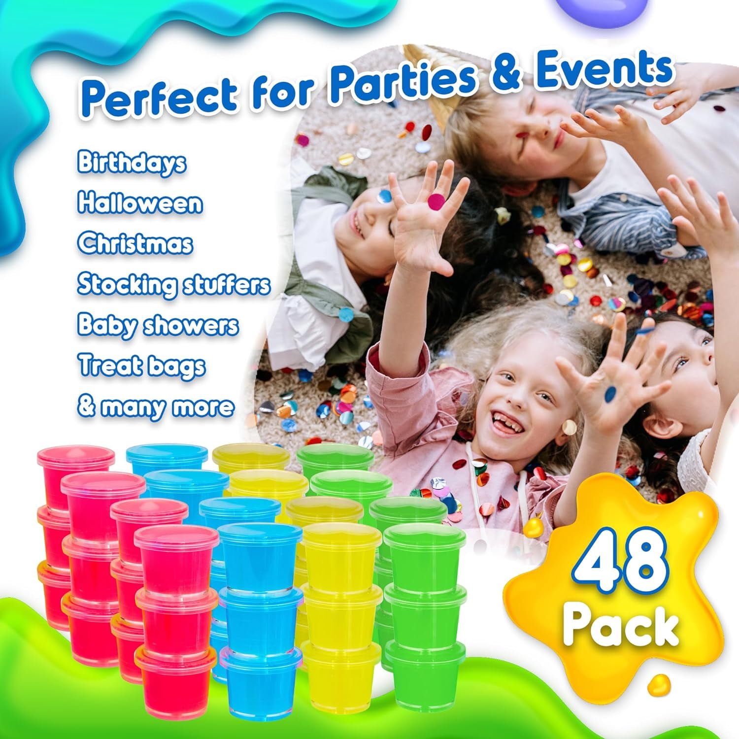 Playbees Mini Glow in The Dark Slime - 48 Pack - Slime Party Favors Neon Blue, Green, Pink, Yellow Colors - Glowing Slime Kit for Kids - Party Favors, Goody Bag Fillers