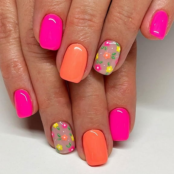 Almond Press on Nails Short Squoval Fake Nails Pink Ombre White False Nails with Glossy Press ons Designs Acrylic Nails Press on Artificial Nails Stick on Nails for Women 24Pcs Colours-13 0.04 Fl Oz