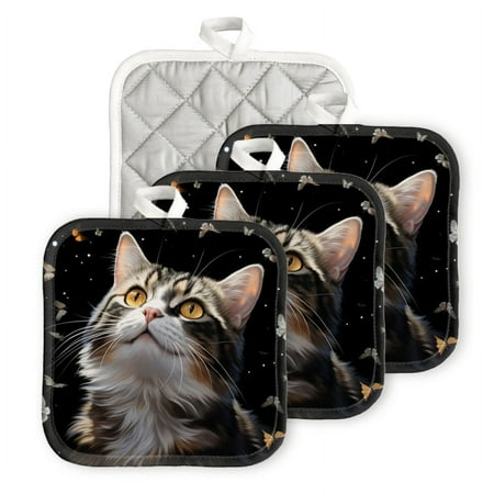 

Bahomeck Pot Holder 4Pcs Beautiful Cat With Long White And Black Fur Square Heat Resistant Hot Pads For Kitchen Cooking Oven With Hanging Loop Potholder Easy To Store