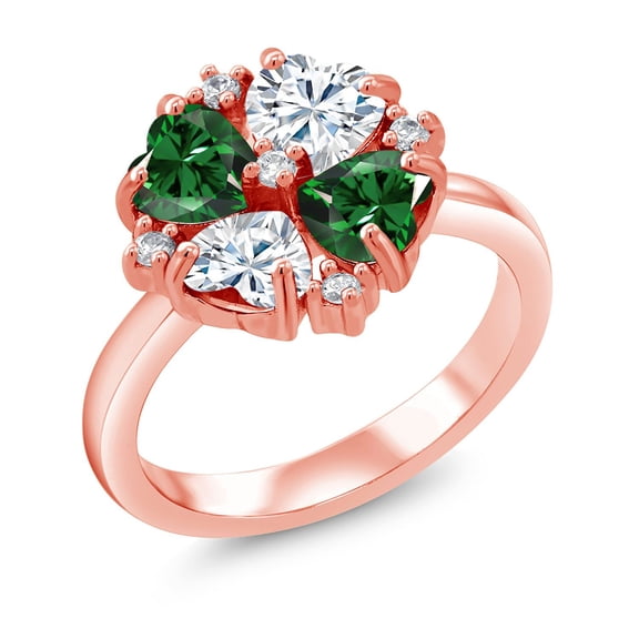 Gem Stone King 18K Rose Gold Plated Silver Green Nano Emerald and White Moissanite Ring for Women (1.92 Cttw, Heart Shape 5MM, Gemstone May Birthstone, Size 7)
