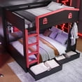 thumbnail image 3 of [Luckynote]Queen over Queen Bunk Bed with Storage Drawers and Shelves, Solid Wood Bunk Beds with hooks, No Box Spring Needed, Black&Red, 3 of 12