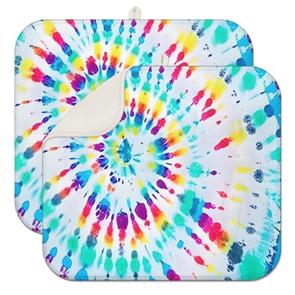 Boho Tie Dye Dish Drying Mat 2 Pack Vintage Hippie Print Absorbent Kitchen Mat, Quick Dry Sink Pad, Multi-Layer Heat Resistant & Reusable for Countertops (Abstract Tie Dye)