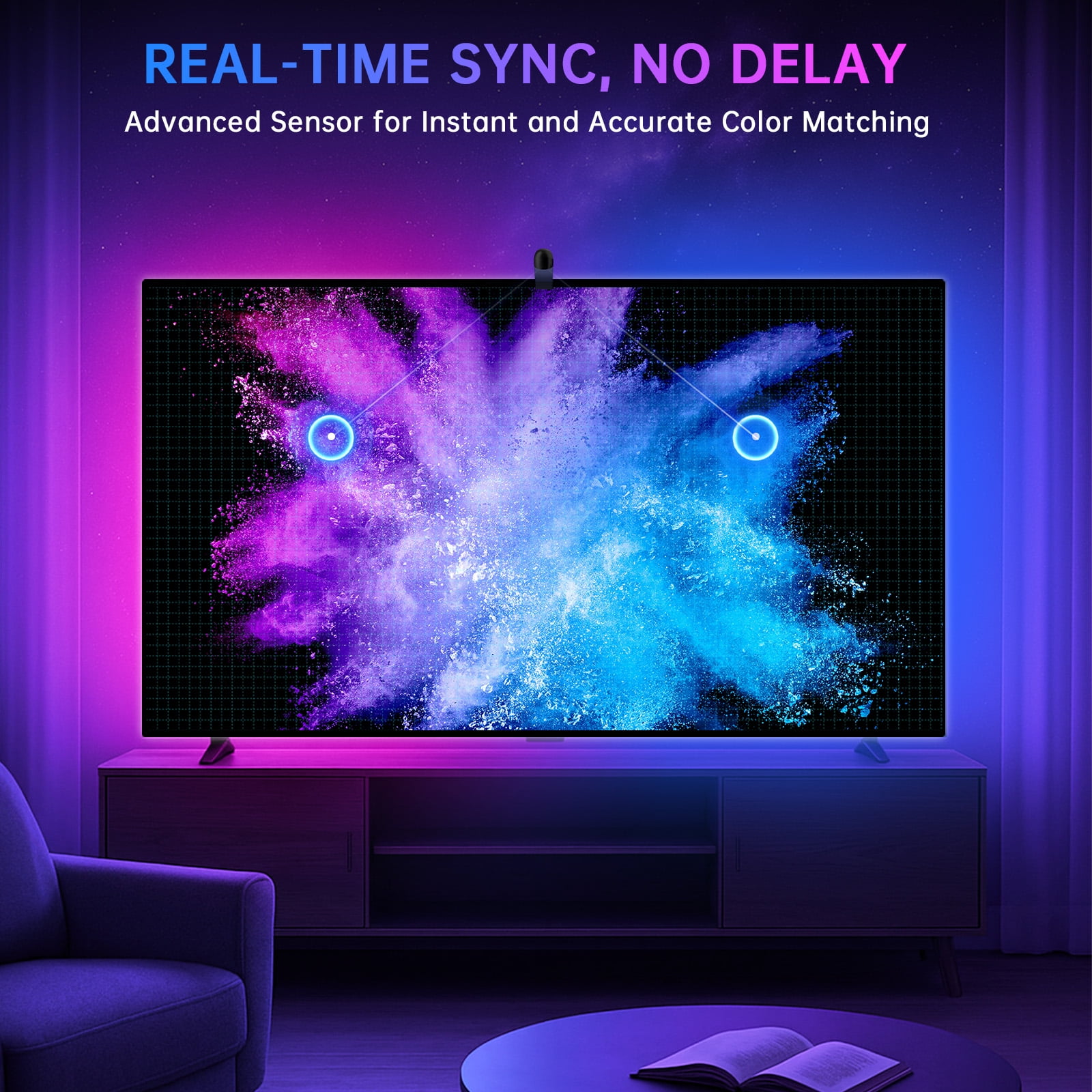 Soifcik 14.76ft TV LED Backlight with Screen Sync Sensor, App Control RGB Strip for 55-65" TVs, Game & Movie Color Changing