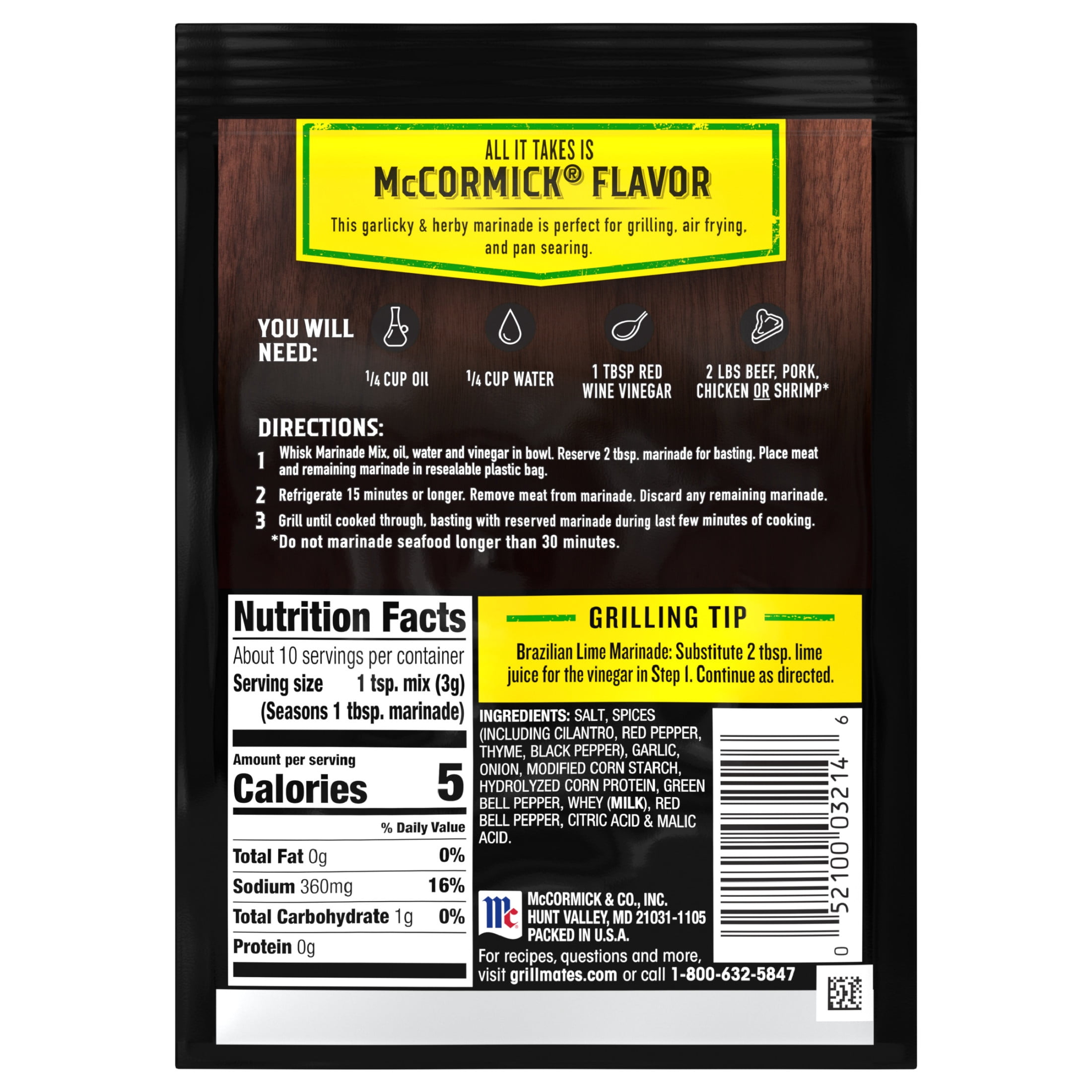 (12 pack) McCormick GRILL MATES Gluten Free Brazilian Steakhouse Marinade, 1.06 oz Packet