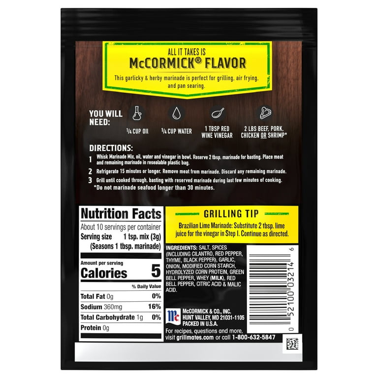 McCormick Grill Mates Gluten Free Brazilian Steakhouse Marinade 1.06 oz Envelope