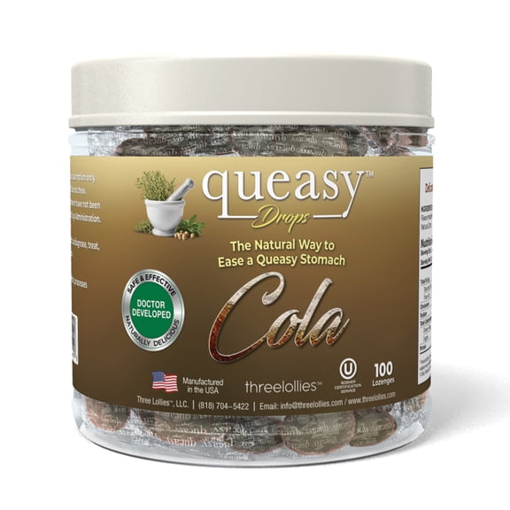 Three Lollies Queasy Drops - Cola Flavor - Relief from Nausea & Travel Sickness, Soothes a Dry Mouth & Settles Stomach - Natural Ingredients - 100 ct