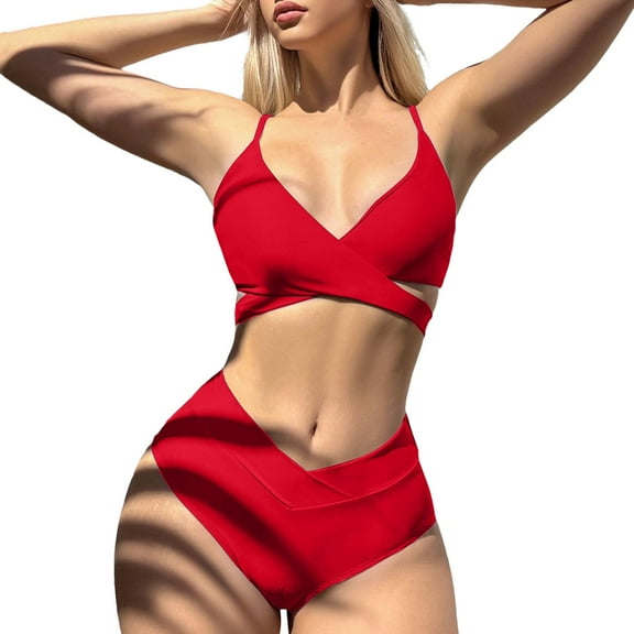Sngxgn Women's High Waisted Bikini Swimsuit Drawstring Tie Side Bottom Two Piece Bathing Suit(Red,L)