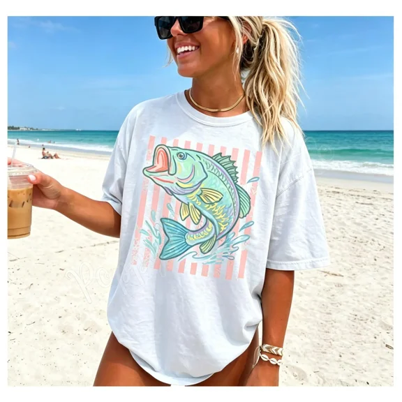 Men's Seamless Cotton Soft Solid Bass Fish Graphic T-Shirt - Retro Preppy Striped Fishing Tee, Summer Coastal Aesthetic Oversized Casual Round Neck Top for Beach Vacations