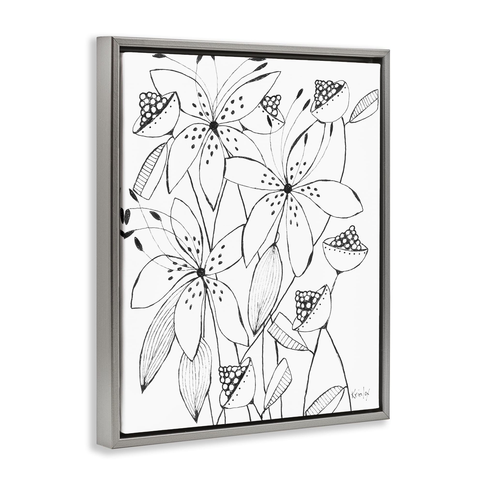 Stupell Industries Open Blooms Outline Gray Framed Floater Canvas Wall Art, design by Krinlox