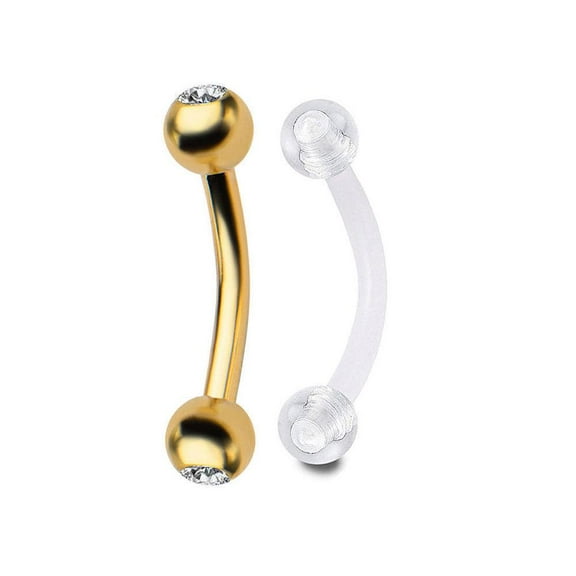 Gold Curved Barbell 2 Eyebrow Ring 16g 5/16" with Clear Retainer