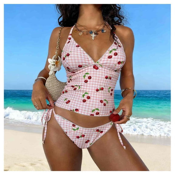Women's Sweetheart Neck Cherry Gingham Tankini Two-Piece Swimsuit