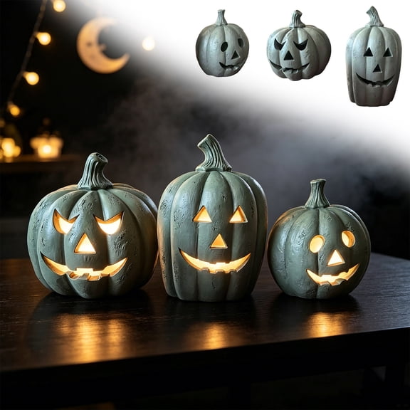 Yyuenw Resin Pumpkin Candle Holder Ornament, Halloween Tabletop Decor, Fall Harvest Jack-O-Lantern Figurine for Shelf Mantel