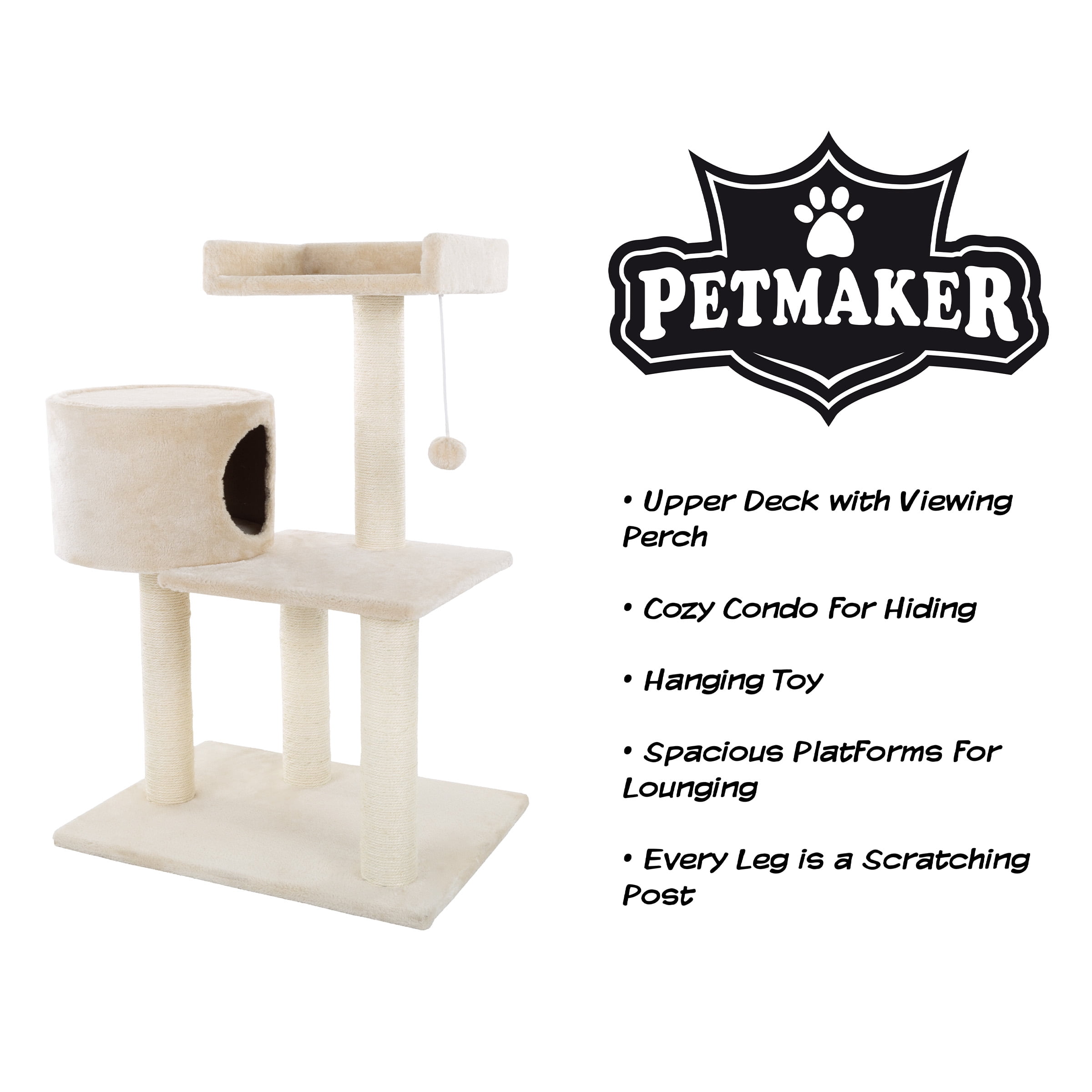 3 Tier Cat Tree- Plush Multi Level Cat Tower with Scratching Posts Perch Style Bed Cat Condo and Hanging Toy for Cats and Kittens By PETMAKER (31?)