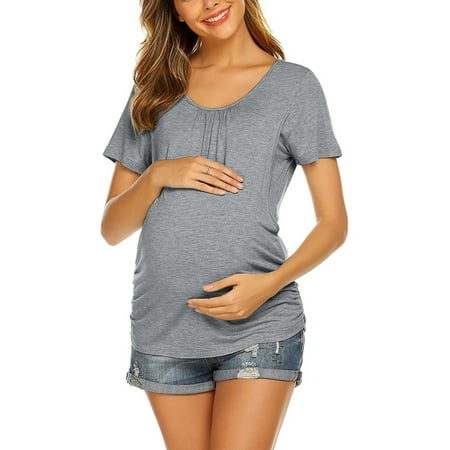 

Reduce!Herrnalise Maternity Tops for Women Pregnant Breastfeeding Tops Solid Color Round Neck Short Sleeve Nursing Blouse Dark Gray