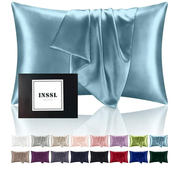 Funda de almohada de seda INSSL Mulberry Silk para mujer Blue Grey Queen