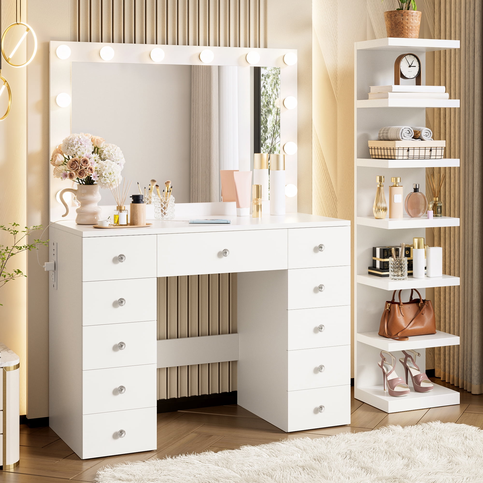 Mintazer 43.3" Vanity Desk with Hollywood Mirror & 7-Tier Shelf, Makeup Vanity Table with 11 Drawers & Charging Station, White