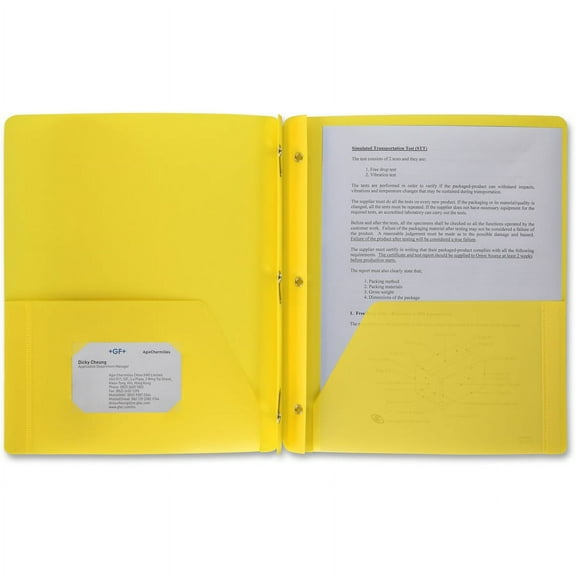 Business Source Letter Portfolio - 8 1/2" x 11" - 50 Sheet Capacity - 3 x Prong Fastener(s) - 2 Pocket(s) - Poly - Yellow - 1 Each | Bundle of 2 Each