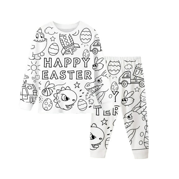 Colorable Pajamas Kid DIY Hand Painted Easter Bunny And Egg Homewear Set Colouring Pajama Sets for Boy and Girl Can Play With and Wear Color Me Pajamas #Z04 White 5-6 Years
