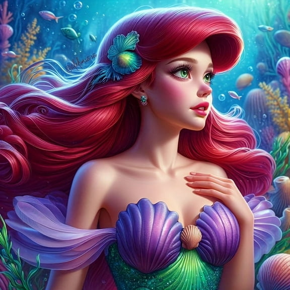 Mermaid Princess Diamond Painting Kit - Cartoon Themed DIY Handcraft Mosaic Round Acrylic Diamonds Embroidery Home Decor Gift 11.81x11.81inch