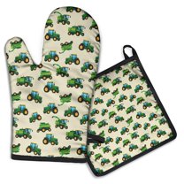 Cartoon Tractors Combines Beige Pattern Kitchen Oven Mitt and Pot Holder Sets 2 Pcs for Baking, Cooking and Grilling, Heat Resistant Up To 392 °F