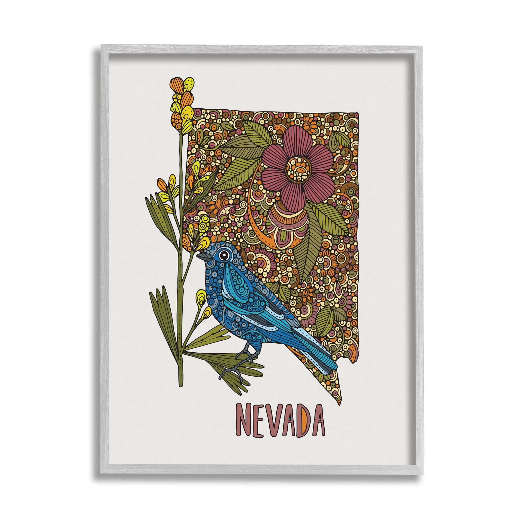 Stupell Industries Nevada Bluebird State Flower Intricate Botanical Pattern Graphic Art Gray Framed Art Print Wall Art, Design by Valentina Harper