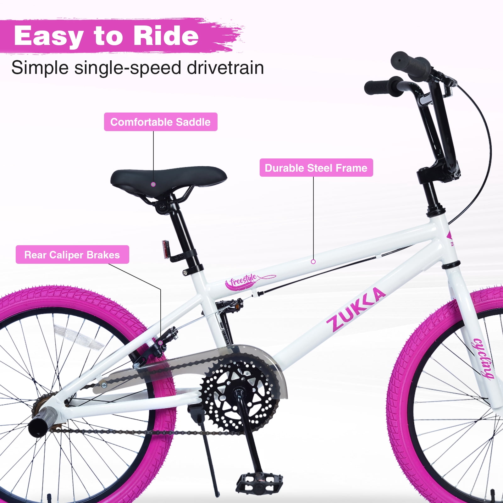 Aukfa 20 inch Freestyle Kids BMX Bike for Boys & Girls,Single Speed Bicycle with Rear Caliper Brake,White