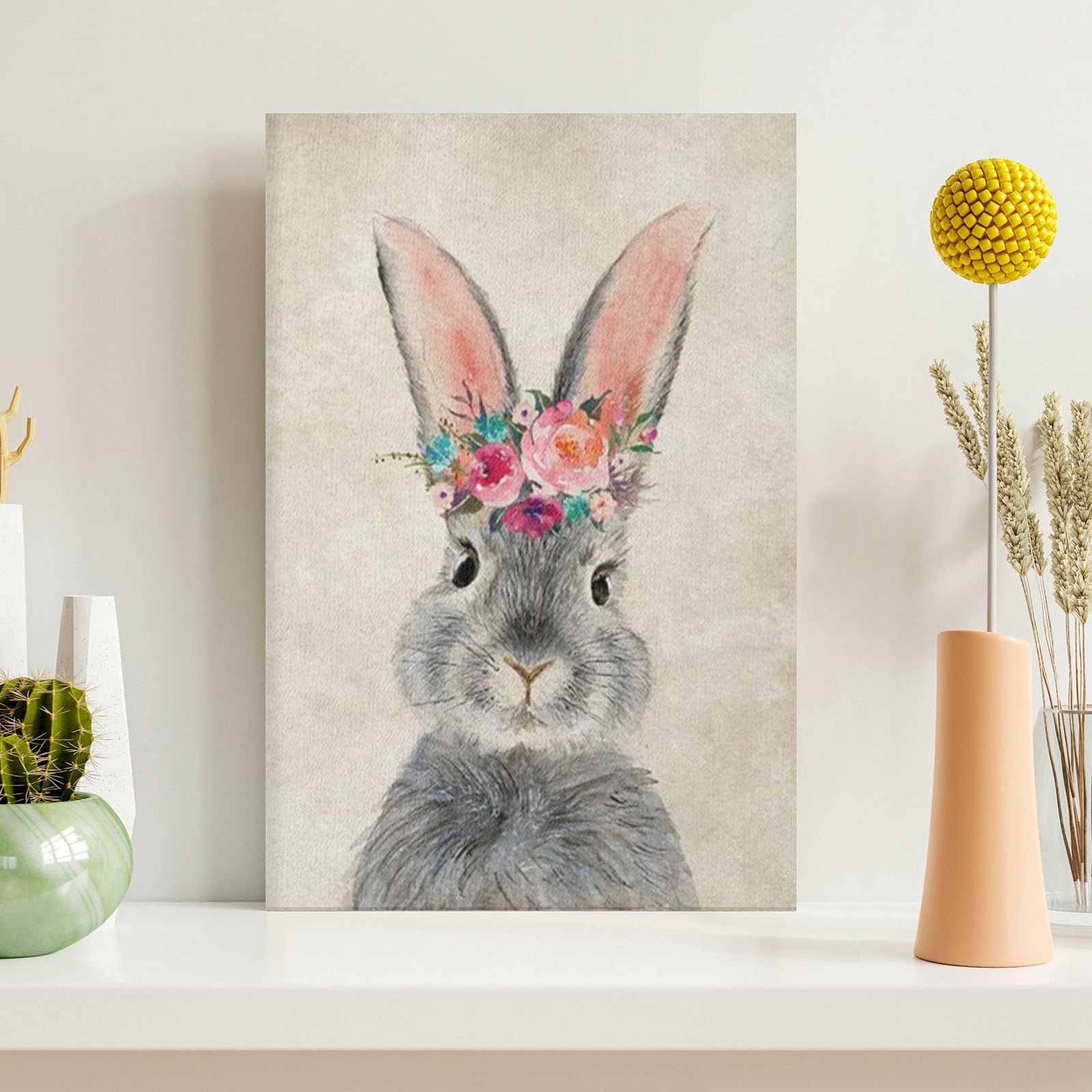 WFSposter Retro Bunny Rabbit Canvas Wall Art Country Animal Painting Cute Rabbit with Garland Wall Décor Home Artwork for Nursery Decor Bathroom Bedroom Kitchen Kid's Room Decoration 12x16in Framed