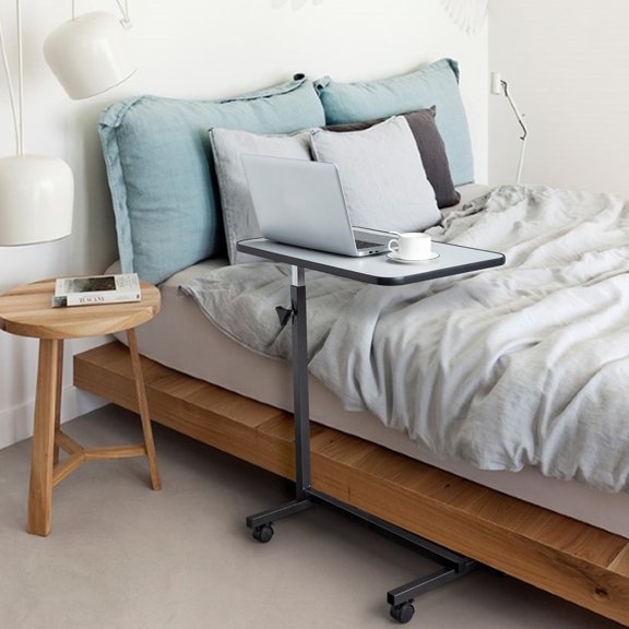 BAYUELSWU Adjustable Overbed Bedside Table, Mobile Standing Desk with Wheels Adjustable Height Rolling Desk Portable for Bed, Office, Sofa, Living Room (Gray)