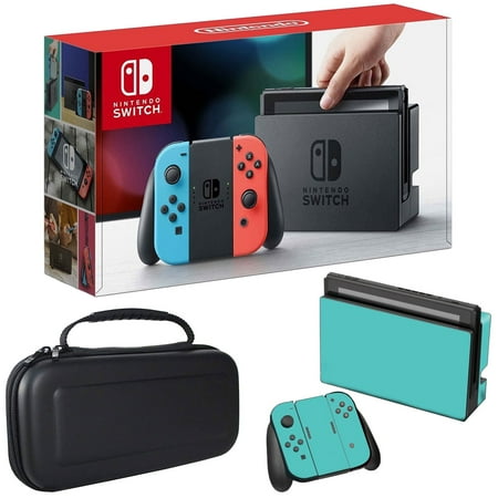 Nintendo Switch 32 GB Console with Neon Blue and Red Joy-Con with Deco Gear Hard Shell Carrying Case + Sky Skin Bundle