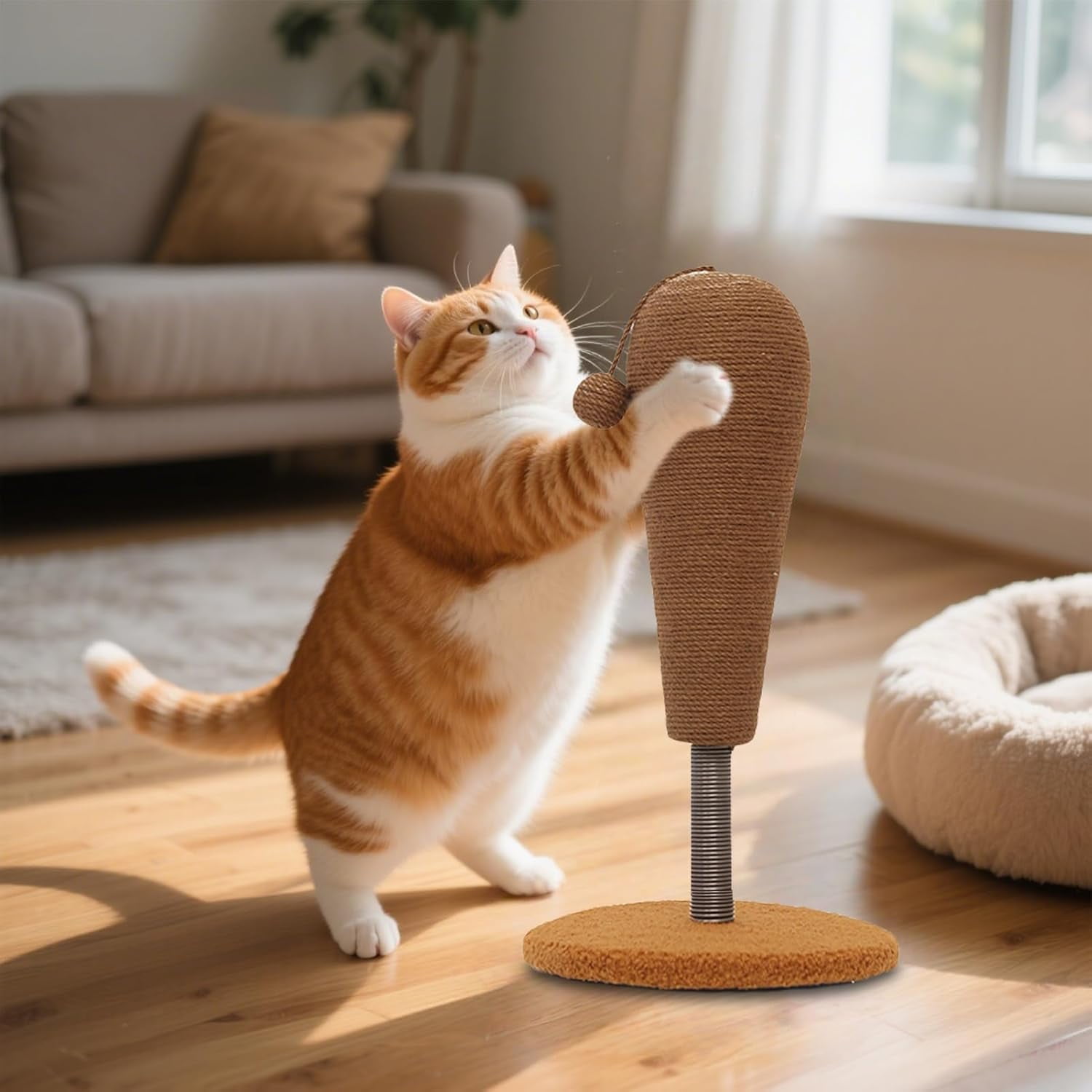 Colourtree Kitten Scratching Post, Vertical Cat Scratcher, Adorable Furniture Protector with Hanging Ball Toy, Interactive Indoor Pet Training Post for Apartment Bedroom Home