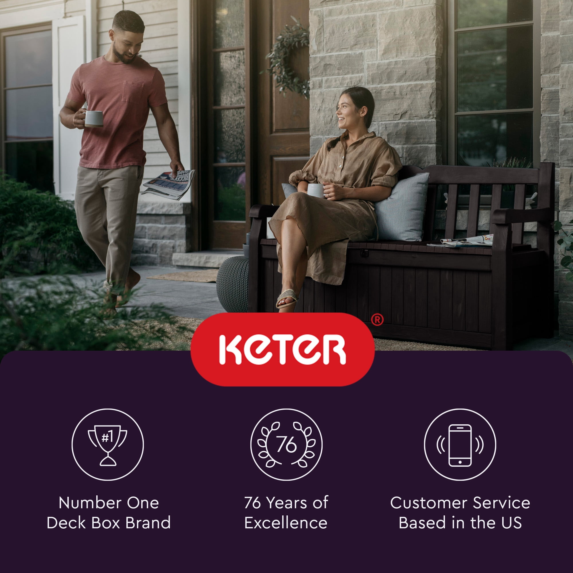 Keter Solana 70 Gallon Storage Bench Deck Box for Patio Furniture, Front Porch Decor and Outdoor Seating - Perfect to Store Garden Tools and Pool Toys, Brown