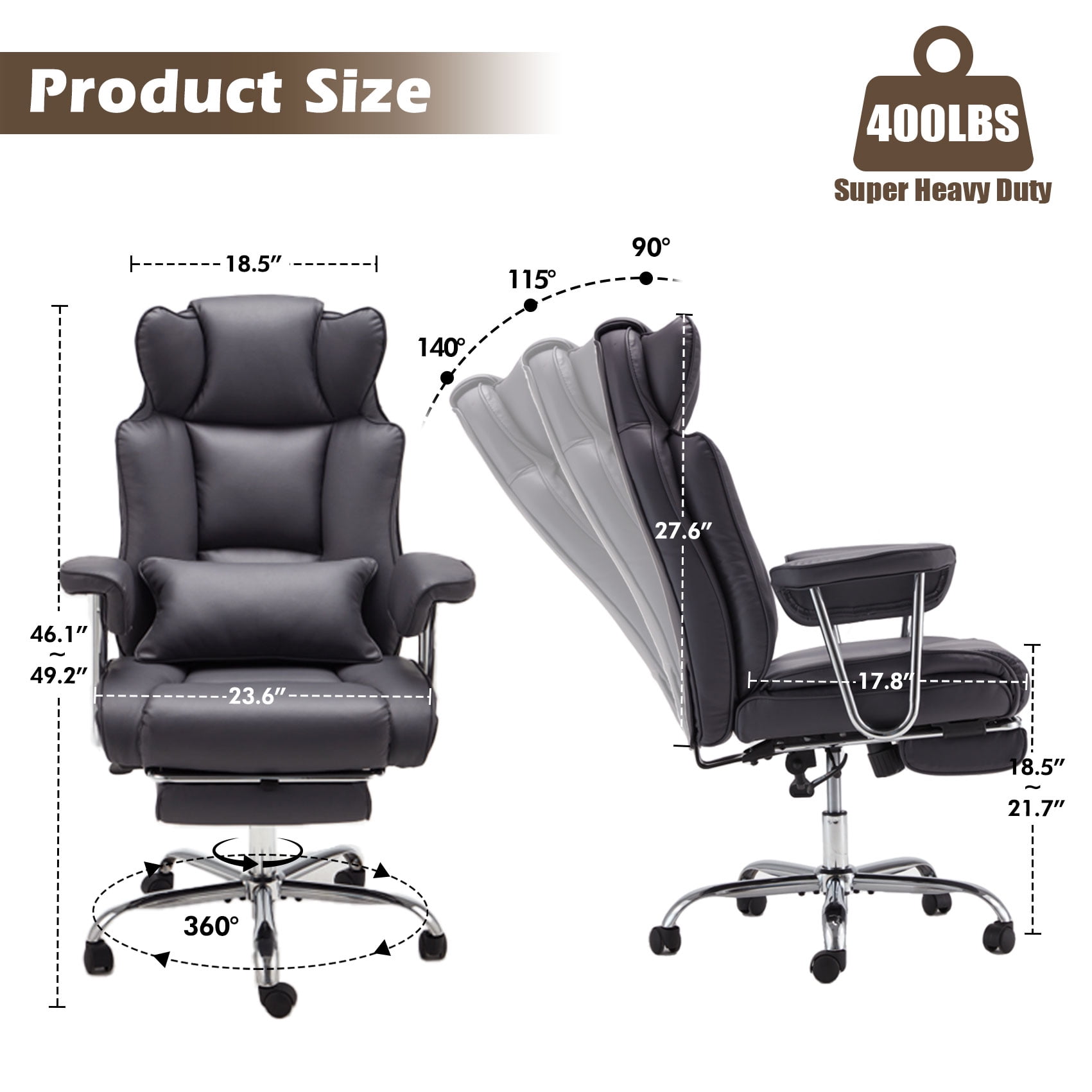 zzw Big and Tall Executive Office Chair, Reclining with Footrest, Adjustable High Back Ergonomic Leather Chair, 400lb Capacity