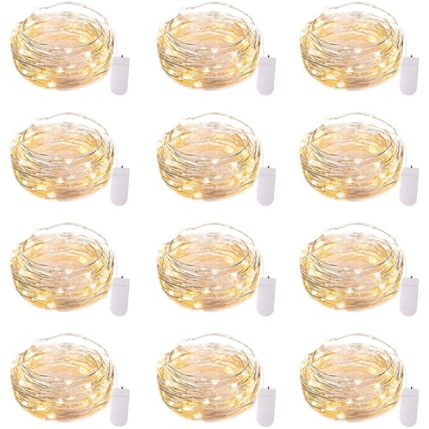 Brightown Paquete de 24 luces de hadas con pilas – 7 pies 20 mini luces LED de alambre plateado impermeable luciérnaga estrellada DIY luces para dormitorio, patio, boda, fiesta, decoración de Navidad